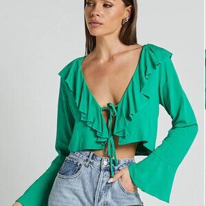 NWT Showpo Teal Ruffle Blouse with Tie Front Size 4